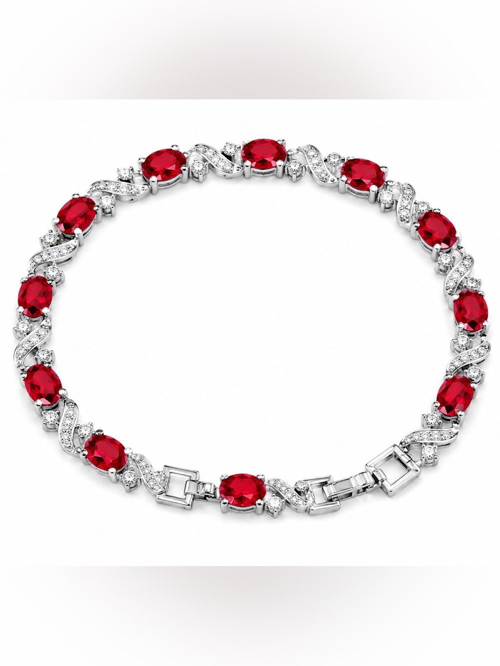Sterling-Style Red Gemstone Bracelet with Sparkling Accents